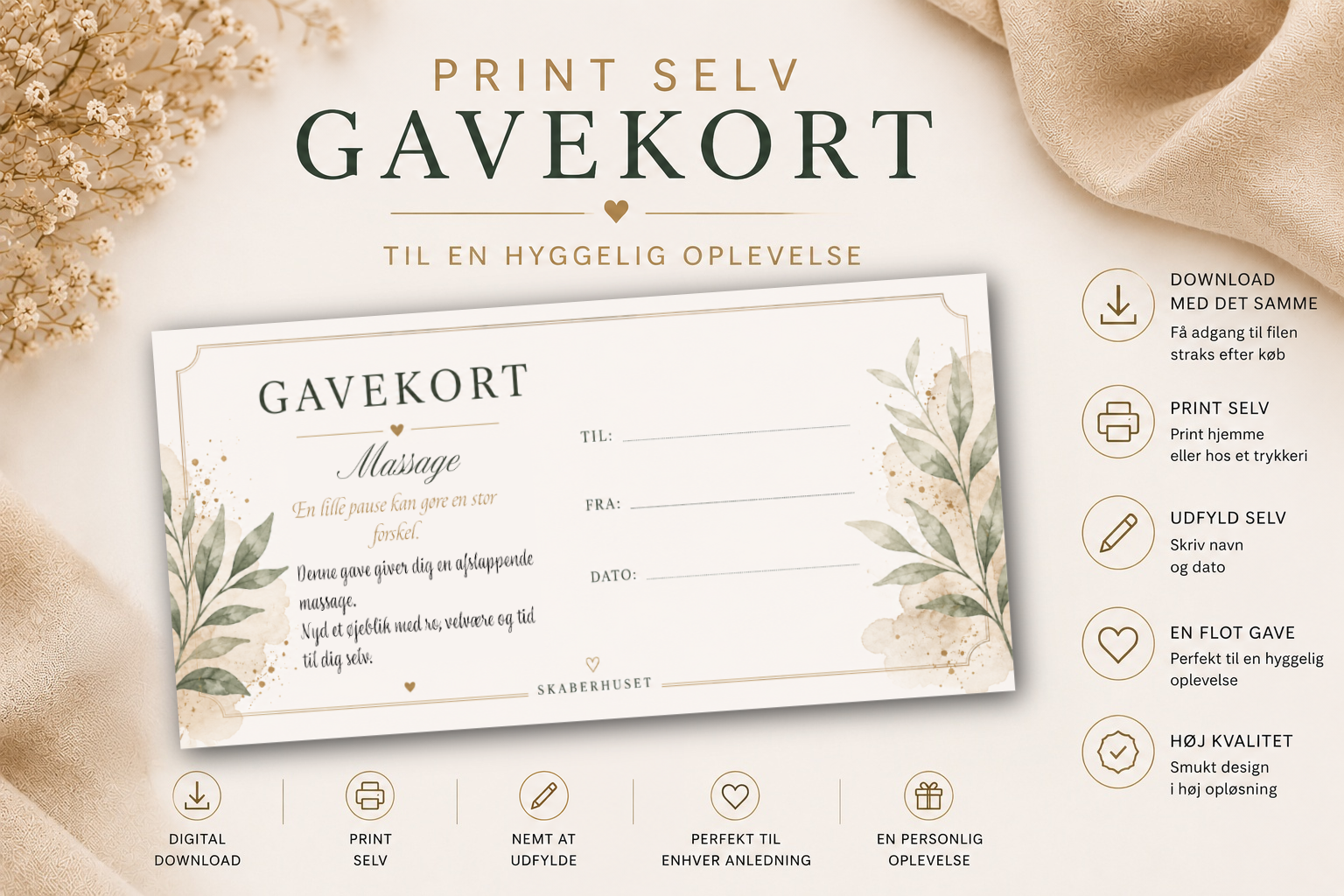 Gavekort til massage som print selv PDF i elegant skandinavisk design fra Skaberhuset