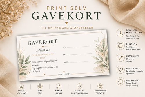 Gavekort til massage som print selv PDF i elegant skandinavisk design fra Skaberhuset