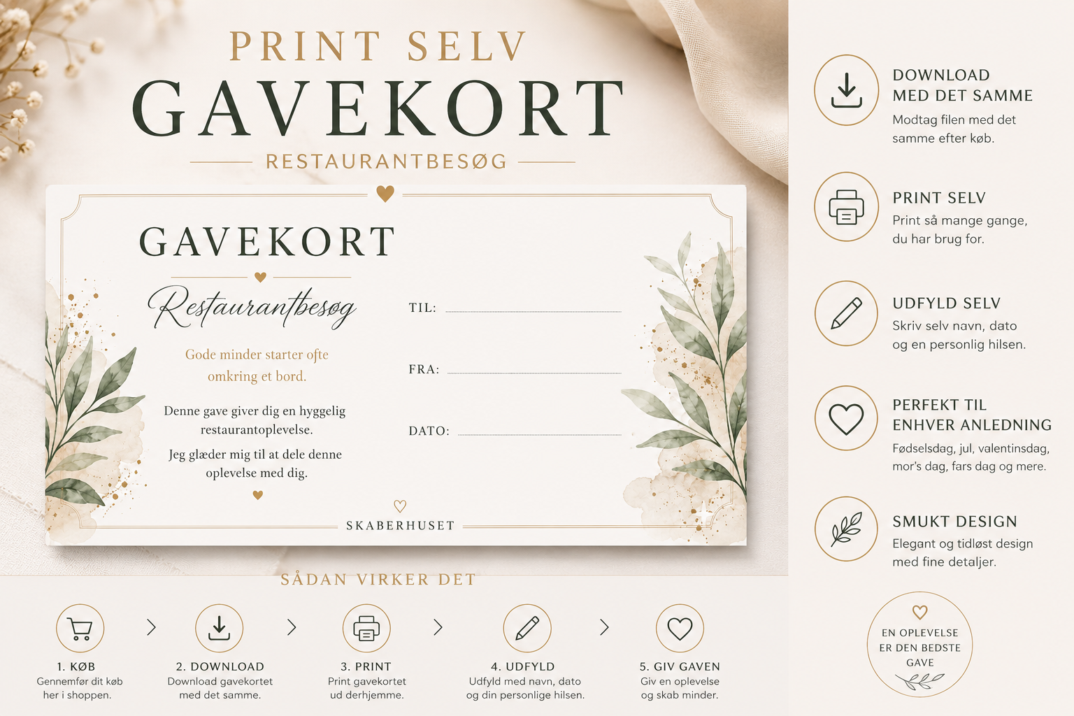 Print selv gavekort til restaurantbesøg i elegant skandinavisk design som PDF download fra Skaberhuset.