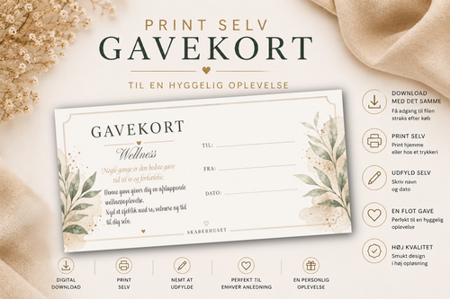 Gavekort til wellness som print selv PDF i elegant skandinavisk design fra Skaberhuset