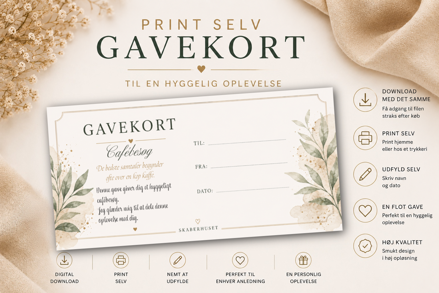 Print selv gavekort til cafébesøg i elegant skandinavisk design som PDF download fra Skaberhuset