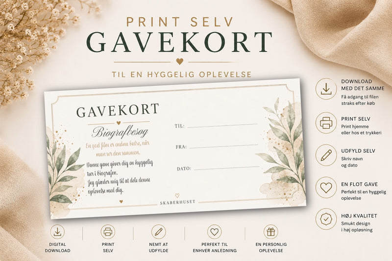 Print selv gavekort til biografbesøg i elegant skandinavisk design som PDF download fra Skaberhuset